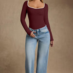 OQQ Women Bodysuit Contrast-Trim Square Neck Long Sleeve Stretch Bodysuit Tops Darkred