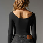 OQQ Bodysuits for Women Boatneck Long Sleeve Basic Stretch Classic-Fit Tops Sexy Bodysuit Black