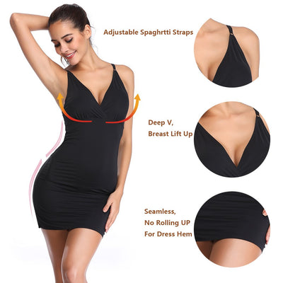 JOYSHAPER Full Slips for Under Dresses Women Full Body Shaping Control Slip V Neck Adjustable Spaghetti Straps Long Nightgown (Black-upgraded, XX-Large)