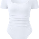 OQQ Women Bodysuits Ruched Short Sleeve Square Neck Stretch Lounge Travel Bodysuits