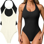 OQQ Women Halter Neck Bodysuits 2 Pack Sleeveless Shapewear One Piece Leotard Shirt Going Out Tops