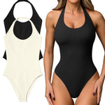 OQQ Women Halter Neck Bodysuits 2 Pack Sleeveless Shapewear One Piece Leotard Shirt Going Out Tops Black Beige
