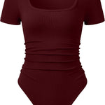 OQQ Women Bodysuits Ruched Short Sleeve Square Neck Stretch Lounge Travel Bodysuits
