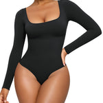 CYDREAM Long Sleeve Bodysuits for Women - Square Neck Shapewear Bodysuit Tops Going Out Body Suits Shirt Leotard (Black, Large)