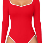 OQQ Women Bodysuit Contrast-Trim Square Neck Long Sleeve Stretch Bodysuit Tops