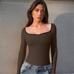 OQQ Women Bodysuit Contrast-Trim Square Neck Long Sleeve Stretch Bodysuit Tops Darkbrown