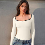 OQQ Women Bodysuit Contrast-Trim Square Neck Long Sleeve Stretch Bodysuit Tops Beige