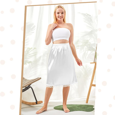 Mepase 3 Pieces Women's Satin Half Slip for Under Dresses 3 Kinds of Length 19, 27, 35 Inch Slip Dress with Lace (White,X-Large)