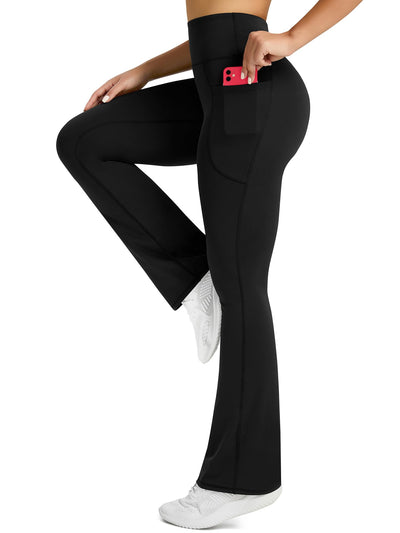 PRETISKY Womens Flared Yoga Pants with Pockets, High Waisted Flare Leggings Bell Bottom Bootcut Yoga Dress Pants Black