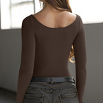 OQQ Bodysuits for Women Boatneck Long Sleeve Basic Stretch Classic-Fit Tops Sexy Bodysuit Darkbrown