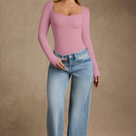 OQQ Women Bodysuit Contrast-Trim Square Neck Long Sleeve Stretch Bodysuit Tops Dusty pink