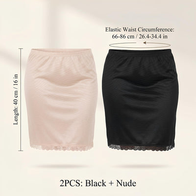 Tucnoeu 2pcs Women's Half Slip Under Dresses, Knee Length, Short Smooth Lace Trim Half Slips for Underskirt Slip Dress Anti-exposure