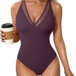 OQQ Women's Sexy V Neck Mesh Thong Bodysuit Tummy Control Bodysuits Top