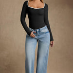 OQQ Women Bodysuit Contrast-Trim Square Neck Long Sleeve Stretch Bodysuit Tops Black