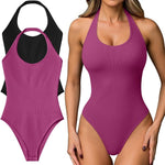 OQQ Women Halter Neck Bodysuits 2 Pack Sleeveless Shapewear One Piece Leotard Shirt Going Out Tops