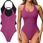 OQQ Women Halter Neck Bodysuits 2 Pack Sleeveless Shapewear One Piece Leotard Shirt Going Out Tops Black Fuchsia