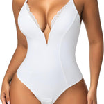 SHAPERIN Women's Lace Trimmed Deep V Neck Bodysuit Plunge Tummy Control Shapewear Thong Body Suits Cami Tank Corset Tops