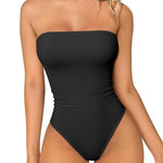 OQQ Womens Tube Bodysuits Strapless Basic Sleeveless Ruched Stretch Classic-Fit Tops Sexy Bodysuits Black