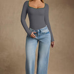OQQ Women Bodysuit Contrast-Trim Square Neck Long Sleeve Stretch Bodysuit Tops Darkgrey