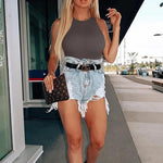 OQQ Women's 3 Piece Bodysuits Sexy Ribbed One Piece Sleeveless Halter Neck Tops Leotard Summer Trendy Black Tea leaf Beige