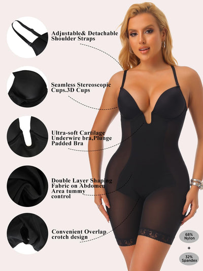 JOYSHAPER Bodysuit for Women Tummy Control Deep U Plunge Shapewear Backless Full Body Shaper Strapless Corset Body Suit Top