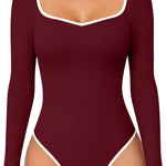 OQQ Women Bodysuit Contrast-Trim Square Neck Long Sleeve Stretch Bodysuit Tops