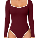 OQQ Women Bodysuit Contrast-Trim Square Neck Long Sleeve Stretch Bodysuit Tops Darkred