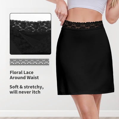 MANCYFIT Half Slips for Women Underskirt Short Mini Skirt with Floral Lace Waistband Black Large