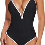 SHAPERIN Women's Deep V Neck Bodysuit Double Lined Plunge Tummy Control Shapewear Thong Body Suits Backless Cami Tank