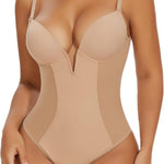 SHAPERIN Women's Deep V Neck Backless Body Shaper Bra Faja Plunge Low Back Thong Shapewear Tummy Control Bodysuit