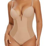 SHAPERIN Women's Deep V Neck Backless Body Shaper Bra Faja Plunge Low Back Thong Shapewear Tummy Control Bodysuit (Large,Nude)