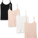 Amazon Essentials Women's Slim-Fit Camisole for Layering and Everyday Wear, Pack of 4, Beige/Black/White, Medium