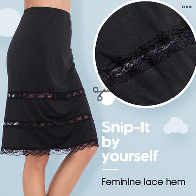 MANCYFIT Half Slips for Women Underskirt Dress Extender Lace Trim Knee Length Midi Skirt 14-25" Length Black Small