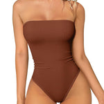 OQQ Womens Tube Bodysuits Strapless Basic Sleeveless Ruched Stretch Classic-Fit Tops Sexy Bodysuits Caramel