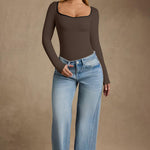OQQ Women Bodysuit Contrast-Trim Square Neck Long Sleeve Stretch Bodysuit Tops Darkbrown