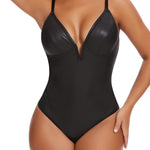 SHAPERIN Women's Deep V Neck Faux Leather Corset Bodysuit Tummy Control Shapewear Thong Body Shaper Plunge Cami Top (Medium,Black)