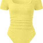 OQQ Women Bodysuits Ruched Short Sleeve Square Neck Stretch Lounge Travel Bodysuits