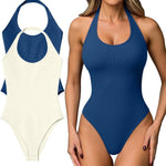 OQQ Women Halter Neck Bodysuits 2 Pack Sleeveless Shapewear One Piece Leotard Shirt Going Out Tops