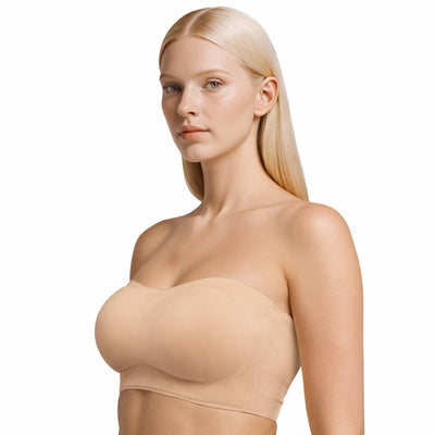 Strapless Bras for Women Wirefree Non-Slip Bandeau Bra, Seamless Padded Tube Top Invisible Bralette with Secure Comfortable Fit (Large) Beige