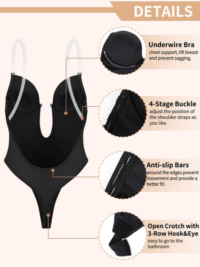 JOYSHAPER Women Plunging Deep V-Neck Strapless Backless Bodysuit Seamless Thong Full Body Shapewear for Wedding Party Black M