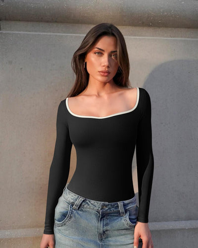 OQQ Women Bodysuit Contrast-Trim Square Neck Long Sleeve Stretch Bodysuit Tops