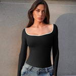 OQQ Women Bodysuit Contrast-Trim Square Neck Long Sleeve Stretch Bodysuit Tops Black