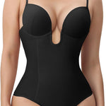 Thong Shapewear for Women Tummy Control Low Back U Plunge Backless Body Shaper Bra Faja with Open Crotch Bodysuit