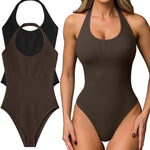 OQQ Women Halter Neck Bodysuits 2 Pack Sleeveless Shapewear One Piece Leotard Shirt Going Out Tops