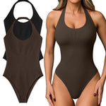 OQQ Women Halter Neck Bodysuits 2 Pack Sleeveless Shapewear One Piece Leotard Shirt Going Out Tops Black Darkbrown