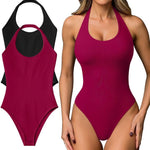 OQQ Women Halter Neck Bodysuits 2 Pack Sleeveless Shapewear One Piece Leotard Shirt Going Out Tops