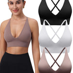 Evercute Women's Sports Bras 3/4 Pack Adjustable Deep V Neck Bras Wireless Spaghetti Strap Criss Cross Padded Low Support Bra