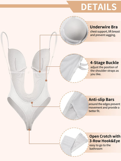 JOYSHAPER Women Plunging Deep V-Neck Strapless Backless Bodysuit Seamless Thong Full Body Shapewear for Wedding Party White M