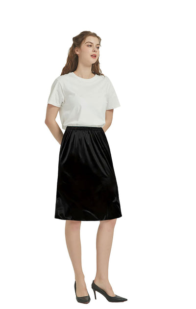 Ellames Women's 2 Pieces Half Slips for Under Dresses Satin Long Underskirt Half Slip Shirt Skirt Extender Black & Nude 23" Medium