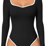 OQQ Women Bodysuit Contrast-Trim Square Neck Long Sleeve Stretch Bodysuit Tops